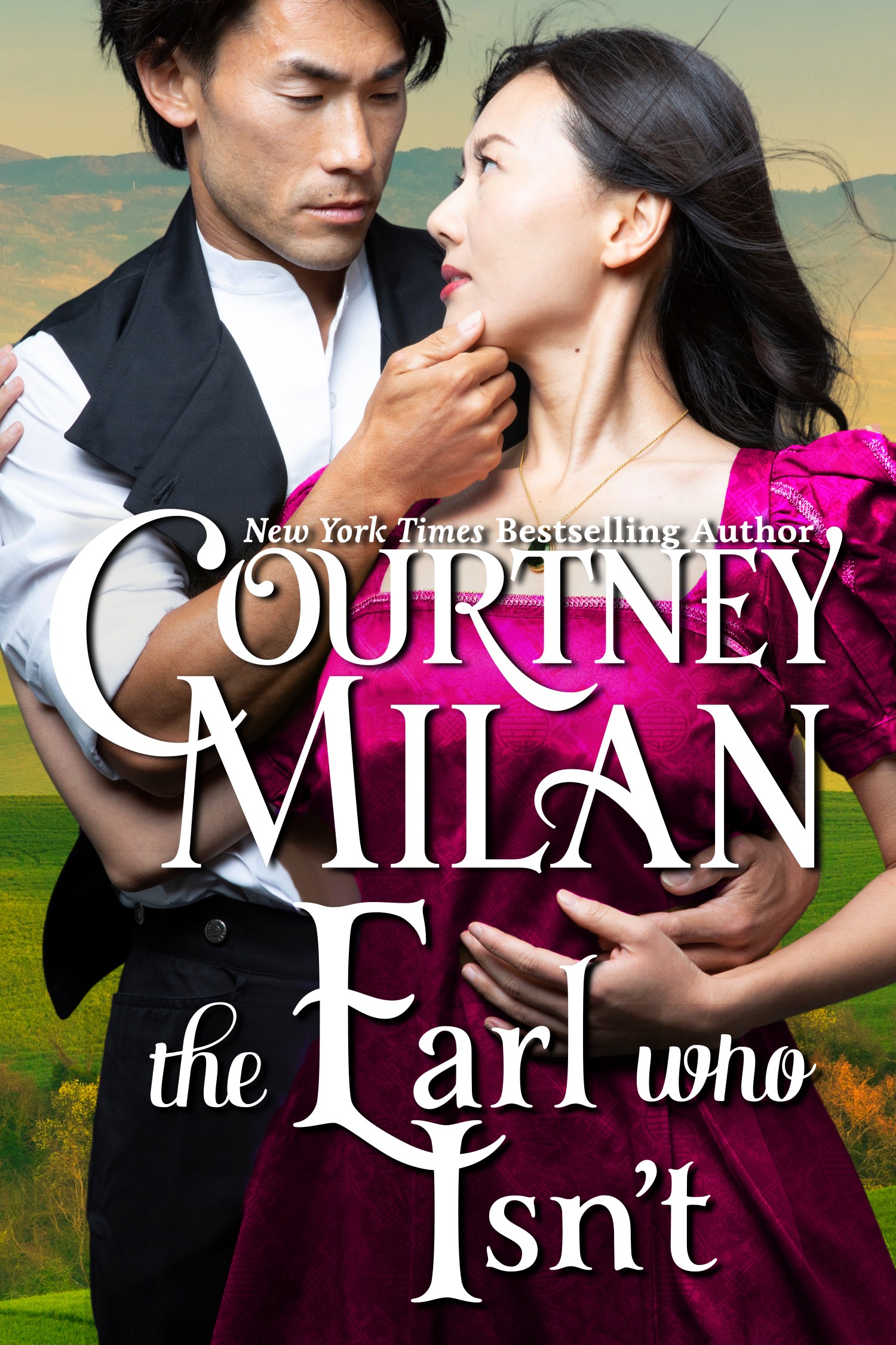The Earl who Isn't by Courtney Milan: an Asian man embraces an Asian woman in a bright pink gown. His finger is on her chin and he's looking into her eyes.